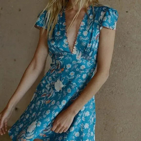 Doen Dianne Silk V Neck Puff Short Sleeve Mini Dress Blue Azure Hollyhock Hills - Picture 2 of 16